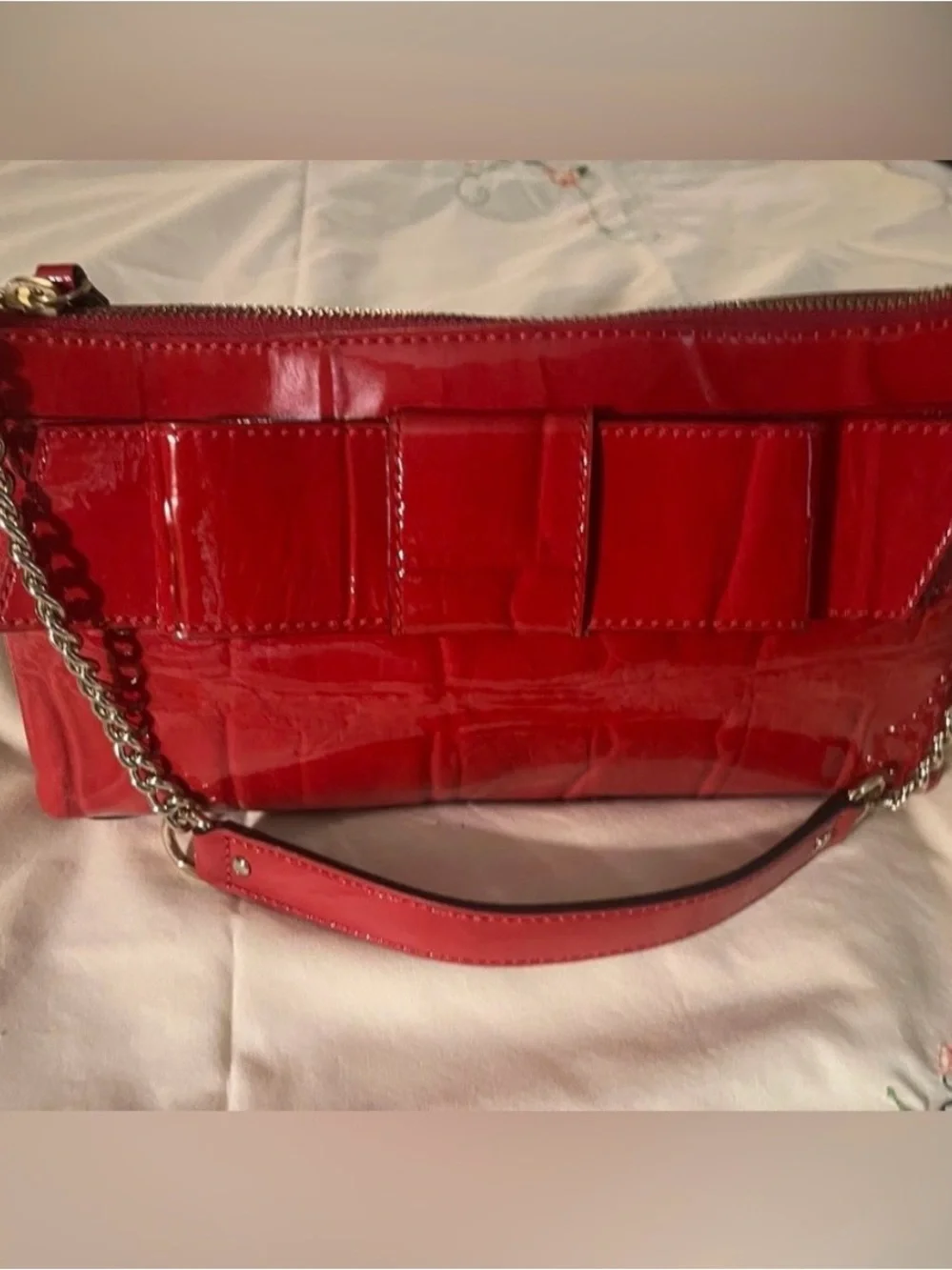 Kate Spade Knightsbridge Red Croc Patent Leather Bow Chain Shoulder Clutch